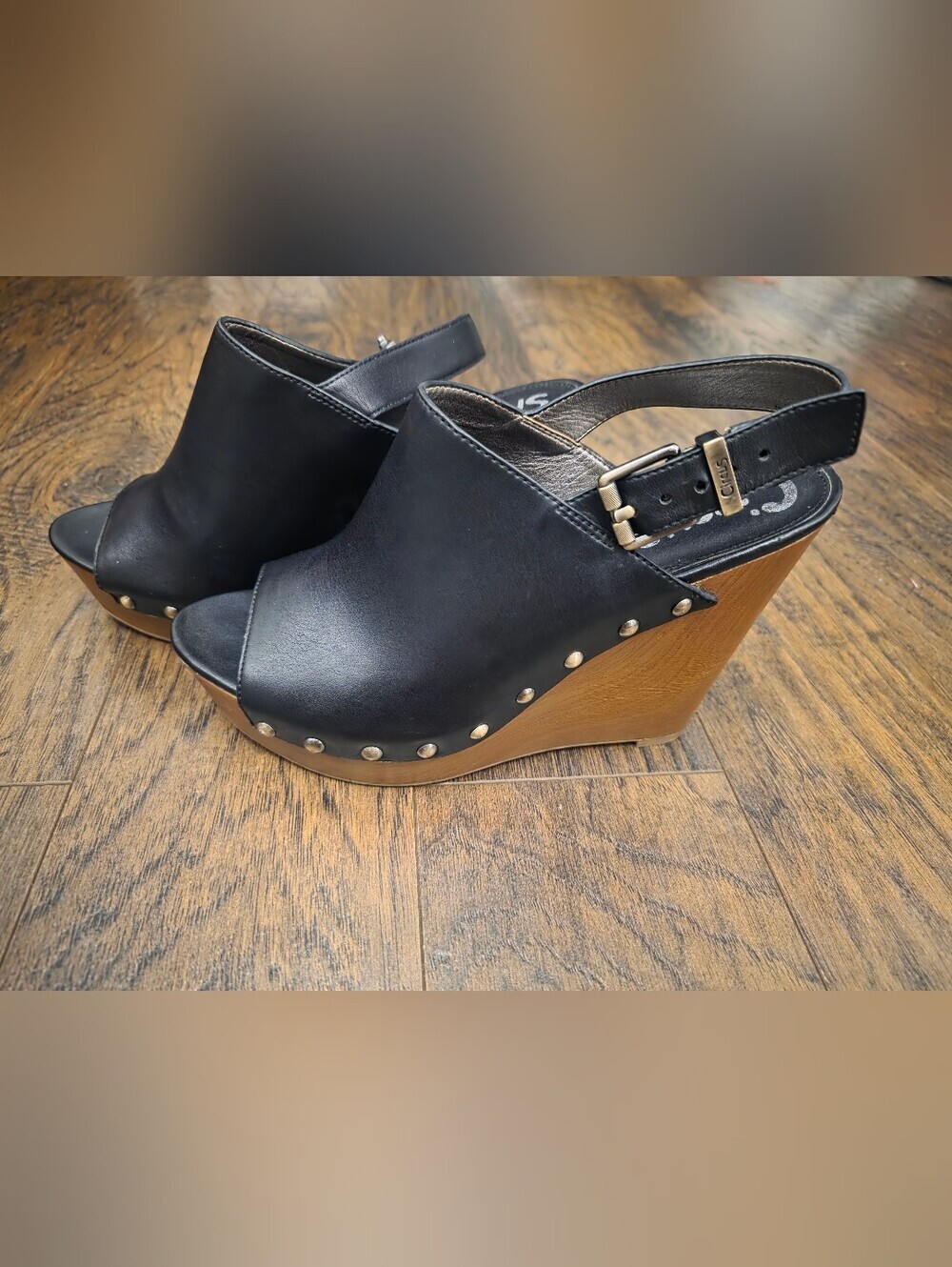 Circus by Sam Edelman Black Leather Studded Wood-Look Wedge Sandals